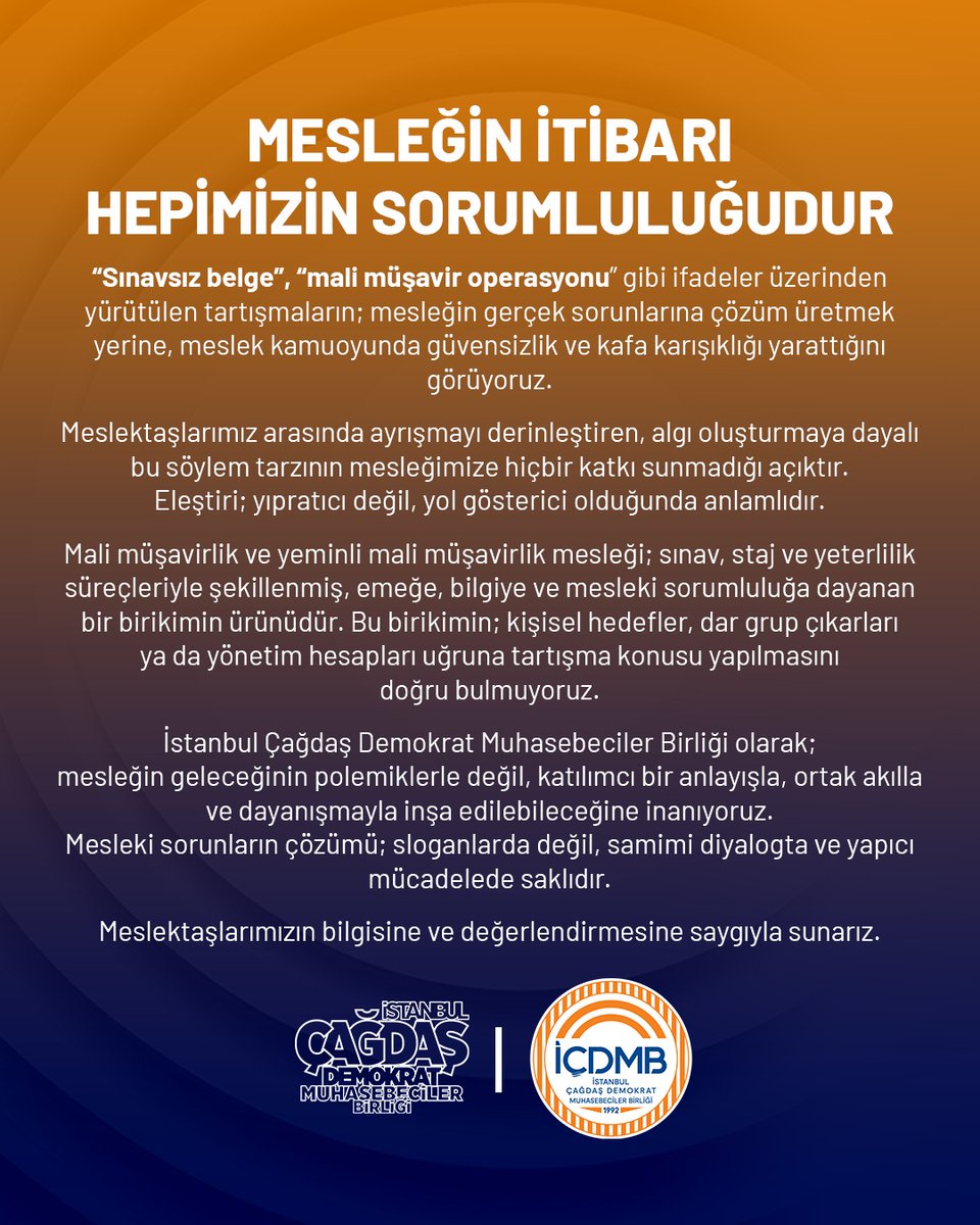 yahyaarikan's tweet image. MESLEĞİN İTİBARI HEPİMİZİN SORUMLULUĞUDUR.

Mali müşavirlik ve yeminli mali müşavirlik mesleği; sınav, staj ve yeterlilik süreçleriyle şekillenmiş, emeğe, bilgiye ve mesleki sorumluluğa dayanan bir birikimin ürünüdür.  

#İÇDMB #Meslekİtibarı #YeterlilikSınavı