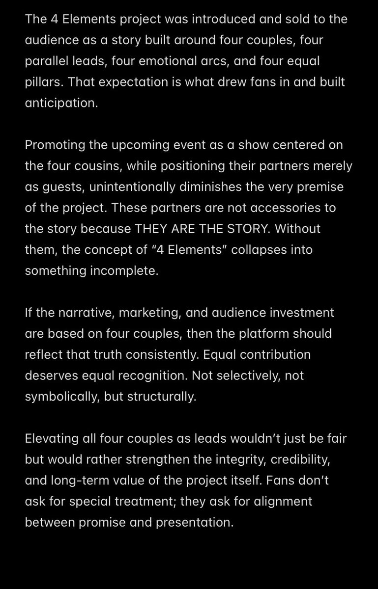 mcsmileyyy's tweet image. the projects is called 4 ELEMENTS, not “4 cousins + guests.” reframing the event to center only the cousins quietly erases the very premise that fans invested in.

kindly correct me if i’m wrong. @SanTikky @NorthStar192430 

#4Elements @4elementsGL