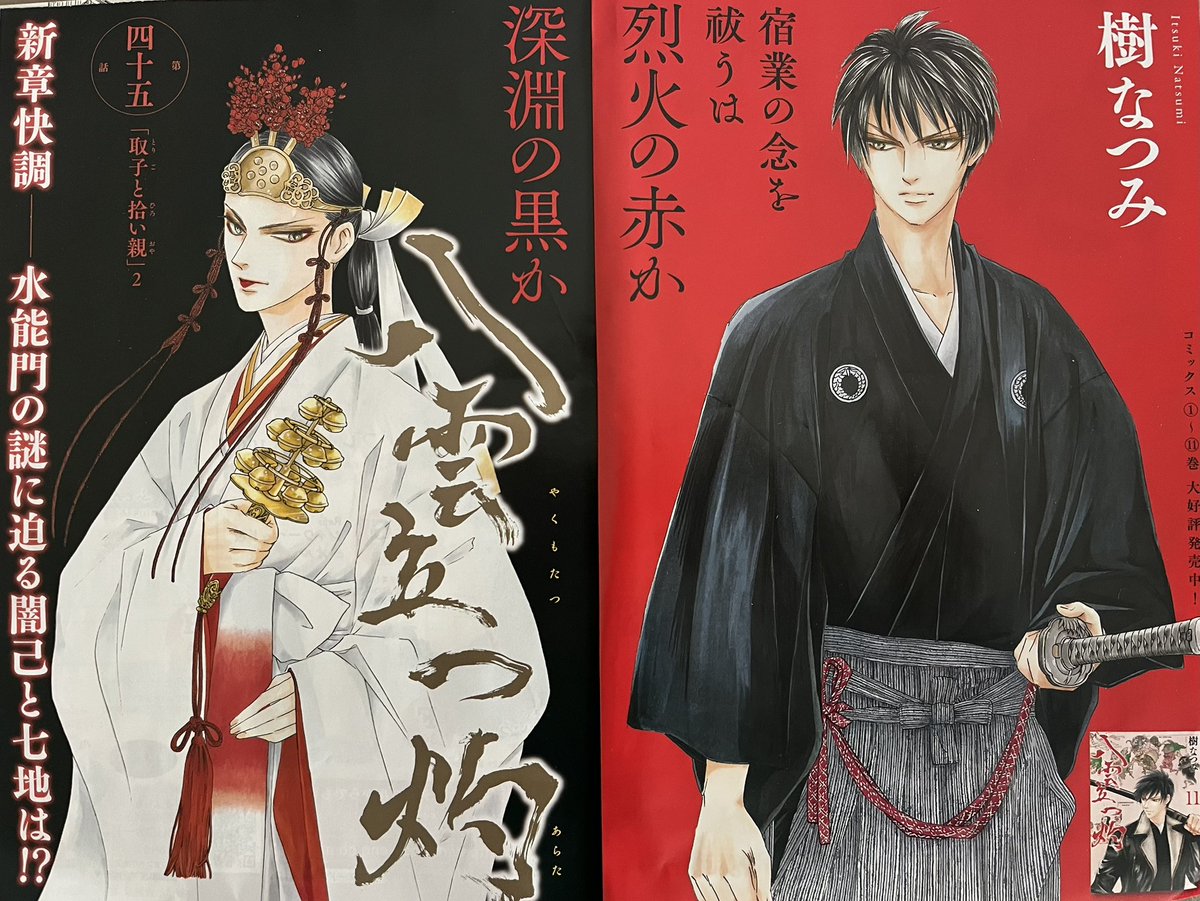 明日は今年最後のメロディ発売日です。
「八雲立つ灼」第45話「取子と拾い親　2」が載ってます。
今回は巻頭カラーでお送りします。
今年もお世話になりました、来年もよろしくお願いします。