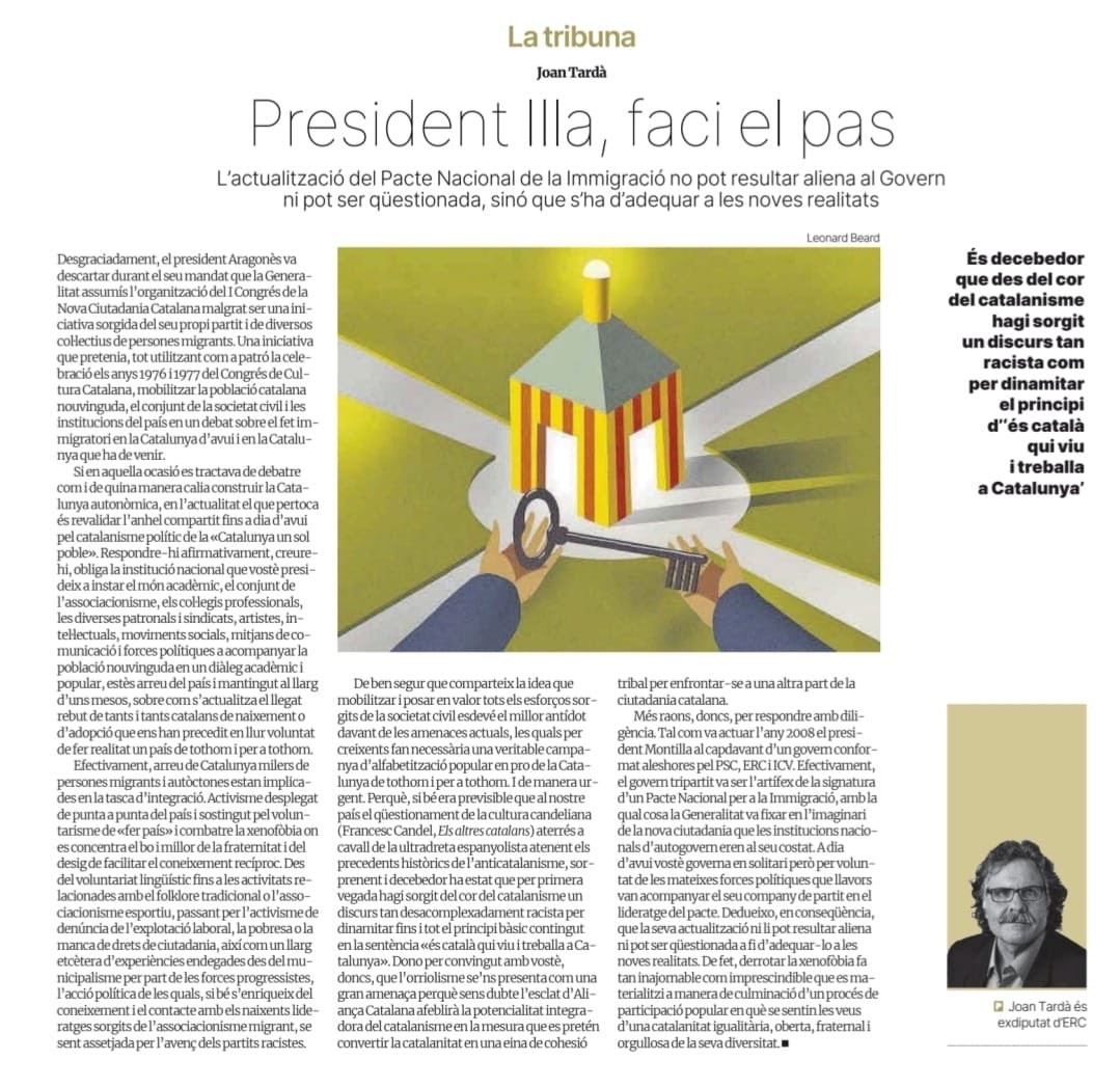 “President Illa, faci el pas”. Per si és d’interès, article a ⁦<a href="/elperiodico/">El Periódico</a>⁩ sobre la necessitat d’actualitzar el Pacte Nacional de la Immigració i l’organització d’un Congrés de la Nova Ciutadania Catalana.