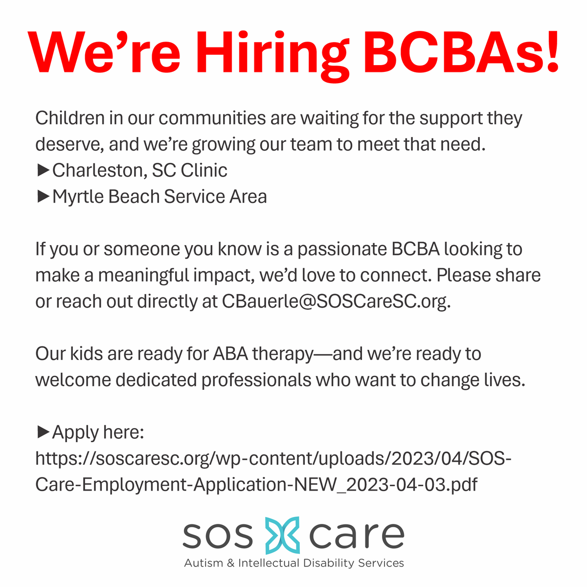 Hope4SOS's tweet image. If you or someone you know is a passionate BCBA looking to make a meaningful impact, we’d love to connect. Please share or reach out directly at CBauerle@SOSCareSC.org.

📝 Apply here:
soscaresc.org/wp-content/upl…