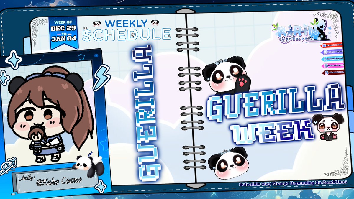 RirinVanderpand's tweet photo. WEEKLY SCHEDULE 🐼

29 DESEMBER 2025 - 04 JANUARY 2026 ദ്ദിʕ,,•̀ ᴗ -,,ʔ✧♪

Art By : @kahocosmo

Schedule May Change Depending On Conditions

#weeklyschedule
#VtuberID #vtuber #guerilla #VtuberIndonesia https://t.co/3fFK9DH35S