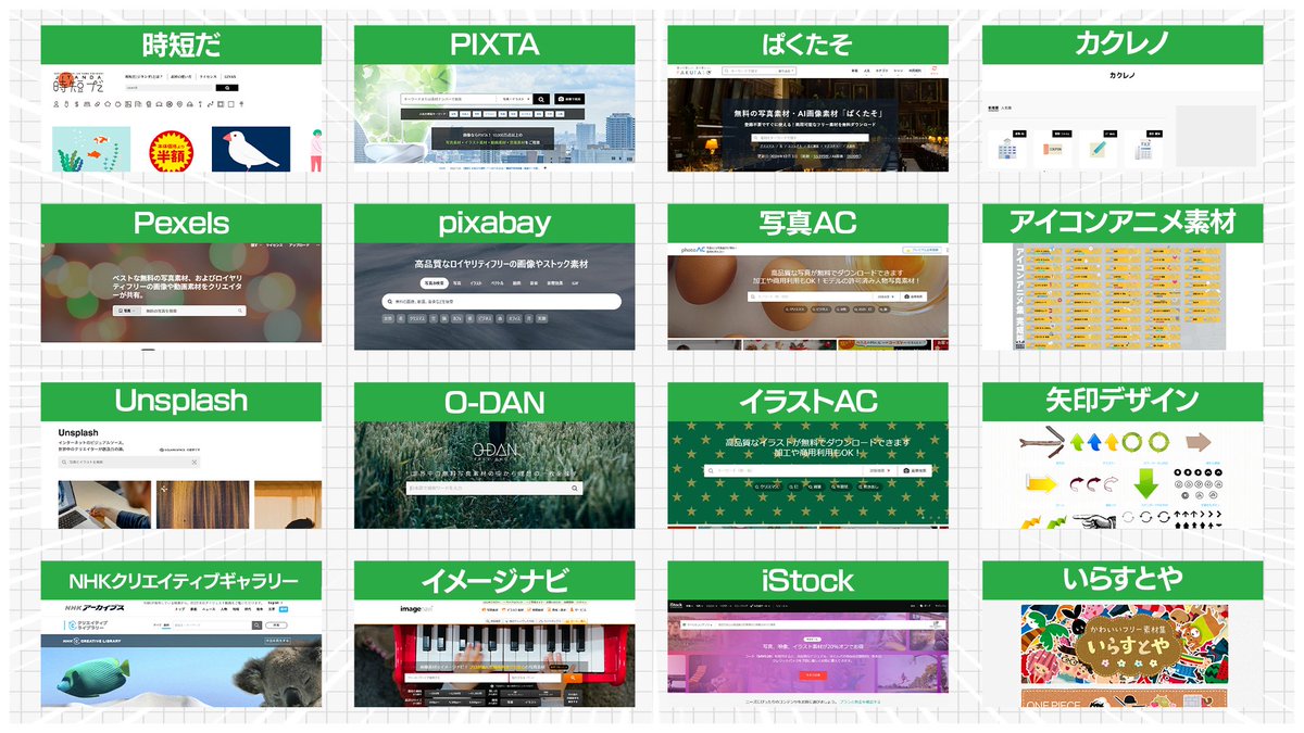 Fanta_fps's tweet image. YouTube編集で使えるおすすめサイトをまとめたよ

紫：SE・BGM
緑：イラスト・画像素材
ピンク：動画素材
黄：テンプレート・エフェクト