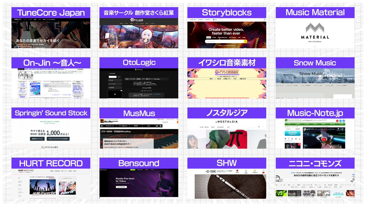 Fanta_fps's tweet image. YouTube編集で使えるおすすめサイトをまとめたよ

紫：SE・BGM
緑：イラスト・画像素材
ピンク：動画素材
黄：テンプレート・エフェクト