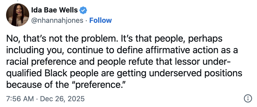 SwipeWright's tweet image. This is a textbook example of affirmative action doing exactly what its defenders insist it does not do.

This person won the Pulitzer Prize reporting for the New York Times in 2020 and was then hired with automatic tenure at Howard University despite not having a PhD.

Yet she…