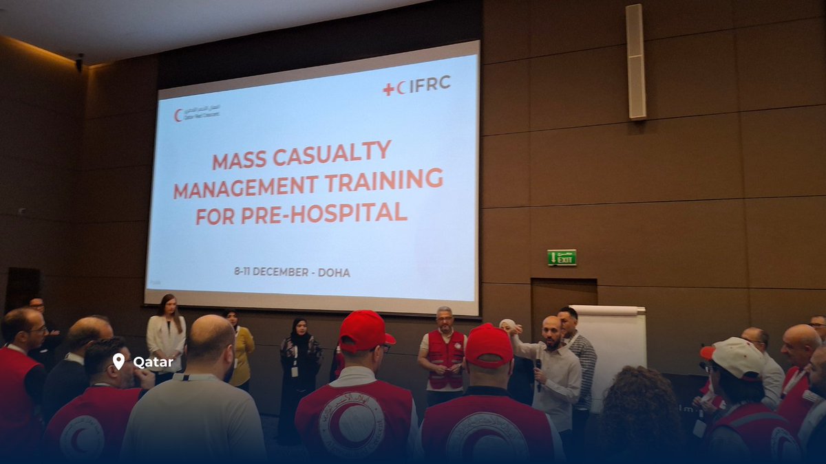 IFRC_MENA's tweet photo. From 8–11 Dec, a landmark Mass Casualty Management Regional Training brought together 32 participants from 13 MENA National Societies to strengthen our collective response to mass casualty incidents.

This training laid the foundation for Red Cross Red Crescent National Societies to develop their plans for managing mass casualty incidents.

Training facilitated by IFRC, Norwegian Red Cross, German Red Cross & ICRC, and hosted by Qatar Red Crescent.