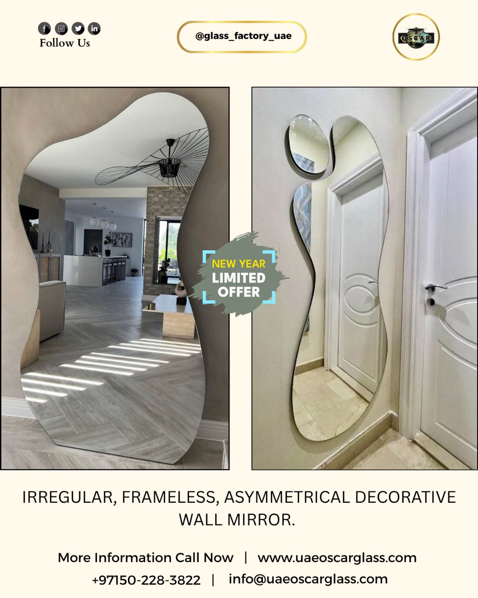 uaeoscarglass's tweet image. Irregular,Frameless, Asymmetrical Decorative Wall Mirror! #mirror #decorativemirror #graytintedglass #grayglass
#browndarkgrayglass #darkgray
#slidingglassdoors
Contact Us : 050 22 83 822
Visit Us : uaeoscarglass.com
#oscarglassindubai #mirrordubaishop #kitchencabinetsuae