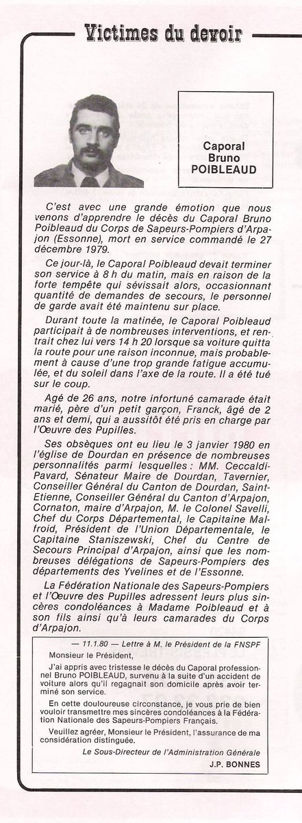 Devoir de Mémoire 
Il y a 46 ans disparaissait notre collègue Bruno POIBLEAUD du centre d'Arpajon. <a href="/sdis91/">Sapeurs-pompiers 91</a> <a href="/Prefet91/">Préfète de l'Essonne 🇫🇷</a> <a href="/VilleArpajon/">Ville d'Arpajon</a> <a href="/PompiersFR/">Pompiers de France</a>