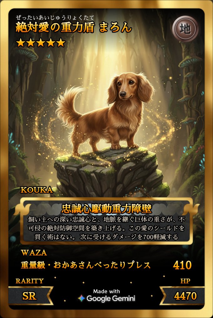 rambda's tweet image. 実家ーズも⋯
初期は多頭の写真からも生成できたらしいので、ぜひそこんとこ復活していただきたい〜〜
#ペットカードジェネレーター