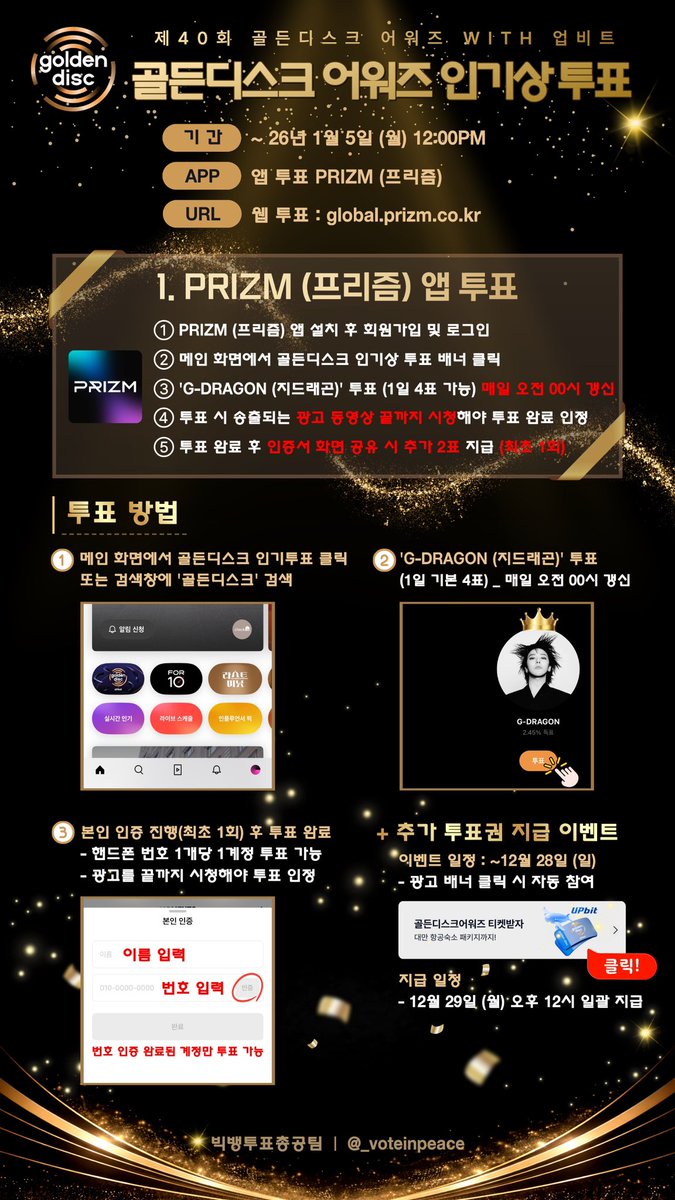 _voteinpeace's tweet photo. 📣 VIP, 골든디스크 인기상 투표 진행중‼️
↳ 100% 투표로 결정
↳ #지드래곤_GoldenDisc_VIP88날아

🗓️ 투표 기간
~ 1/5(월) 오후 12:00 (KST)

📍 투표 어플
• 프리즘(PRIZM) 어플 or 하단 링크

🗳️ 기본 투표 방법
• 일자별 유저당 남/여 각 4표 지급(총 8표)
• 매일 오전 0시 투표권 갱신
• 광고 영상 1회 시청 후 투표 완료 & 득표 반영
• 투표 인증서 공유 시 → 투표 기간 중 1회 한정 +2표 지급

🗳️ 추가 투표권 획득 방법
• 12/22(월) ~ 12/28(일)
↳ 프리즘 광고 배너 클릭 시 자동 참여
↳  12/29(월) 오후 12시 일괄 지급
• 프리즘 로그인 후 배너 클릭 시 투표권 1개 추가
↳ 기간 내 1인당 최대 8표(남/여 각 4표)

🔗 골든디스크 인기상 투표하러 가기
https://t.co/fiGi9jki64
