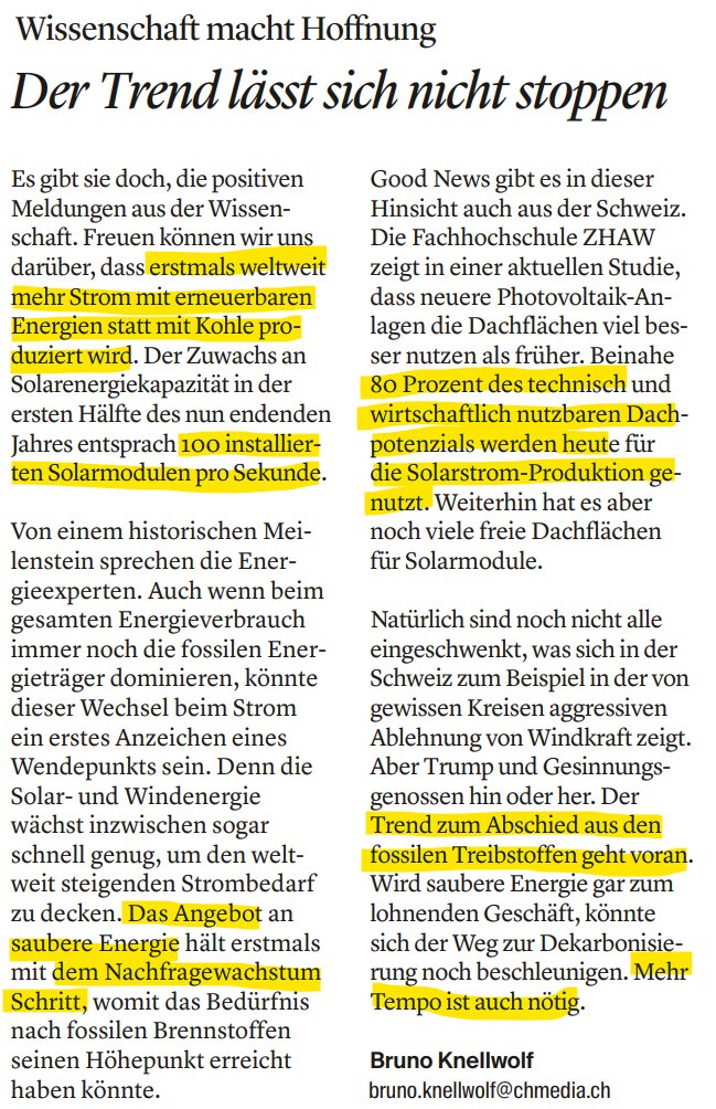 Bruno Knellwolf hält in <a href="/CHMediaNews1/">CHMediaNews</a> treffend fest: #Erneuerbare Energie überholen #Kohle. Danke! Klar ist: #Solarstrom wird immer mehr zu einer tragenden Energiequelle, dezentral gesteuert und gespeichert kaum schlagbar an #Flexibilität und #Effizienz.  thurgauerzeitung.ch/leben/studie-s…