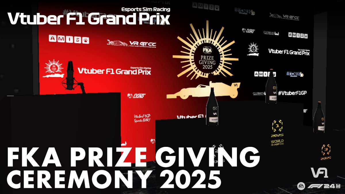 vtuberf1gp's tweet photo. Tonight is #VtuberF1GP 2025season Prize-Giving Ceremony🏆
◇ SCHDULE (UTC+9)
Opening Talk & Season highlight movie 20:00 -
Awards Ceremony & Interviews in VRChat 21:25 -
Event race 22:00 -
🎥:https://t.co/rZQVySehQX
#F1 #F1eSports #F124Game https://t.co/I7Njv187tG