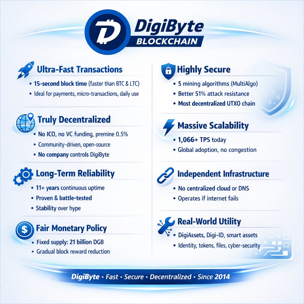 Looking for a blockchain you can actually trust? DigiByte delivers speed, security, and true decentralization without ICOs or VC control. Discover a network built for the future — start exploring DigiByte today. $DGB 🛡️🔐💙🚀