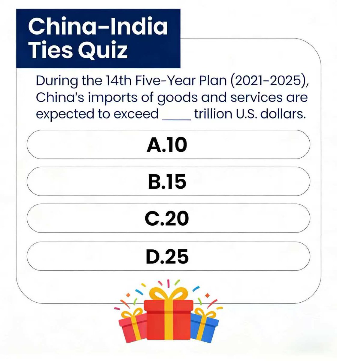 "China–India Ties in 15th Five-Year Plan Era" quiz going on! Lucky friends will win gifts  🎁🎊🎉

Quiz of this week🎉:
During the 14th Five-Year Plan (2021–2025), China’s imports of goods and services are expected to exceed ____ trillion U.S. dollars.
A. 10  B. 15  C. 20  D. 25