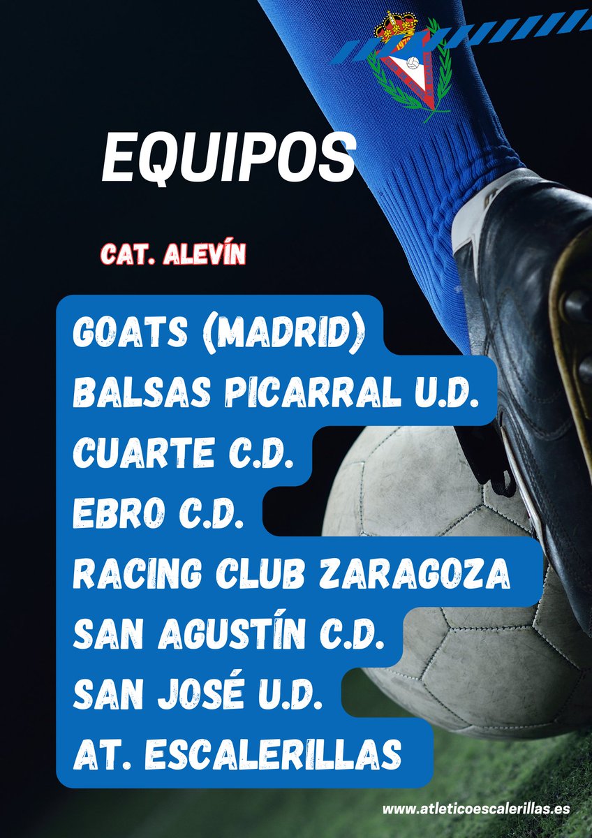 En breve dara comienzo la #2ªEdición del #TorneoAlevín Atlético Escalerillas 
Luis Marco "Menoti".
Con la participación de: #GOATS (Madrid)
<a href="/Balsaspicarral/">UDBP</a>
<a href="/cdcuarte/">C.D. CUARTE</a>
<a href="/CD_Ebro/">CD Ebro</a>
<a href="/rcdzaragoza/">Racing Club Zaragoza</a>
<a href="/SanAgustinCD/">C.D. San Agustin</a>
<a href="/UD_SANJOSE/">U.D. San José</a>
<a href="/Atescalerillas/">🄰🅃 🄴🅂🄲🄰🄻🄴🅁🄸🄻🄻🄰🅂</a>
Os esperamos a todos. ⚽💙💜