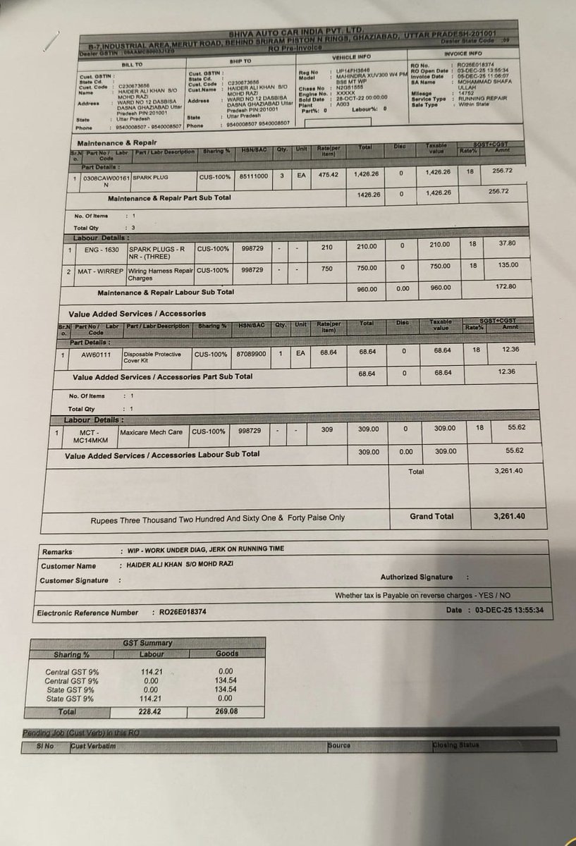 Haiderk9603's tweet photo. @anandmahindra This is deeply disappointing &amp; Shameful Service Experience from B-7 ,Gzb  Service Mahindra.

@anandmahindra check engine issue was reported during warranty at Mahindra’s authorized B-7 Meerut Road , Ghaziabad Service Center.
@MahindraRise @MahindraCares https://t.co/ig3hzBdxkI