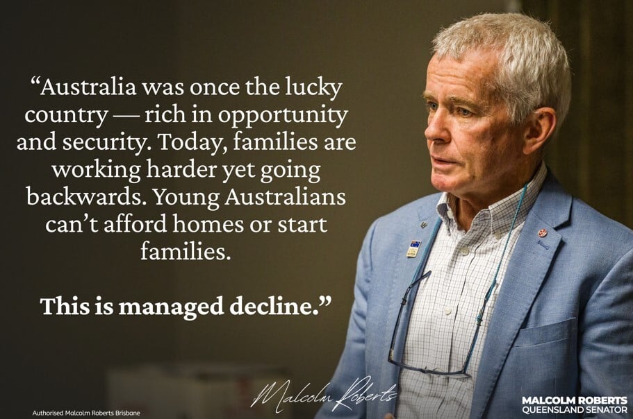 MRobertsQLD's tweet image. Managed decline—a deliberate dismantling of our prosperity, where global agendas replace Australian priorities and everyday families pay the price.

Australians are working harder than ever, yet going backwards. Young people see no path to owning a home or starting a family.

One…