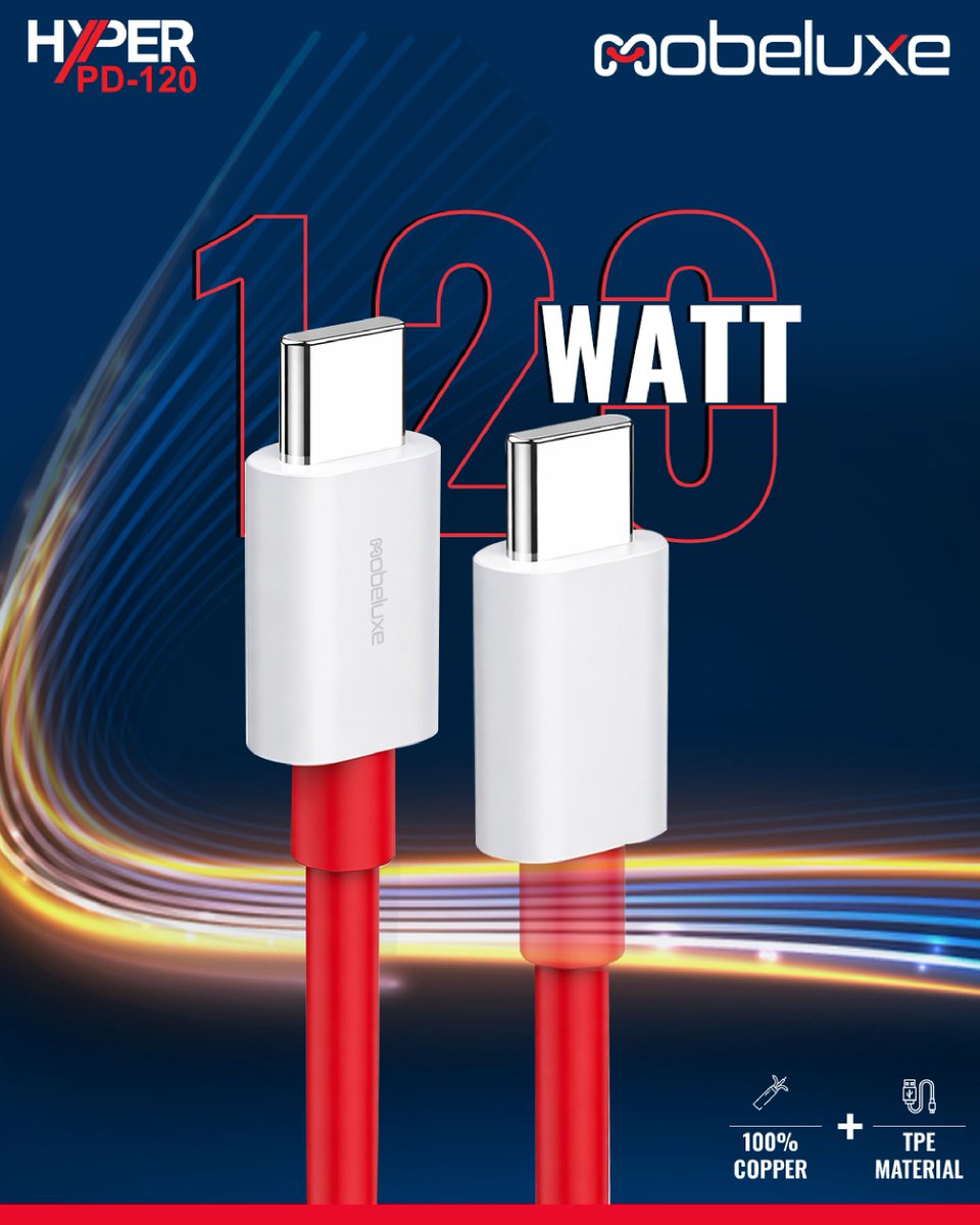 Mobiluxe177054's tweet image. Experience true 120W fast charging with Mobeluxe Hyper PD-120 cable. Built with 100% copper &amp;amp; durable TPE for powerful, safe charging every day.

#Mobeluxe #FastChargeCable #DurableCable #120WCharging #HyperPD120