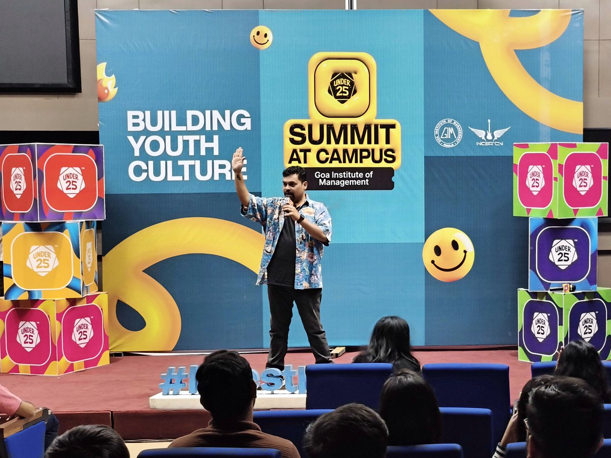 GIM_Sanquelim's tweet photo. #Inception - The Performing Arts Society of #GIM hosted the @under25summit, blending #comedy, #creativity, and campus #conversations. The evening featured #stand-up by Mr @HouseOfNoronha , #content insights by Mr Sahil Mehta, interactive #FINGO, and a high energy #musical finale. https://t.co/pIaOIpw8NJ