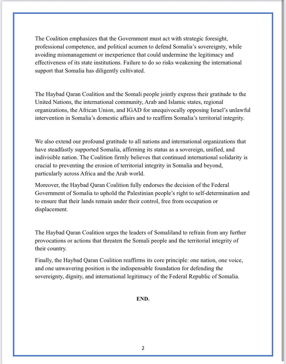 Statement from the Haybad Qaran Coalition on the Israeli Attack Against the Sovereignty of the Federal Republic of Somalia.