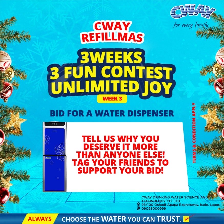 Week 3 is here and the joy is still flowing! 💙 Think you deserve a CWAY Water Dispenser? Tell us why, tag your friends, and let them back your bid!

Let’s see who really wants it 👀💧

#CWAYRefillmas #CWAYRefill #ChooseCWAY #DecemberJoy