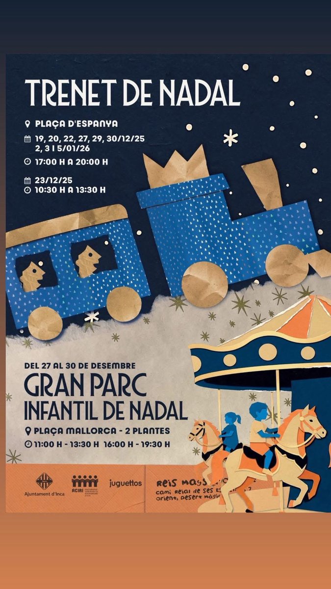 IncaAssoc's tweet image. ACIRI - Inca Fa Nadal 2025 
Avui comença el Gran Parc Infantil de Nadal i seguim amb el Trenet de Nadal a partir de les 17.00 h. T’esperam!!!