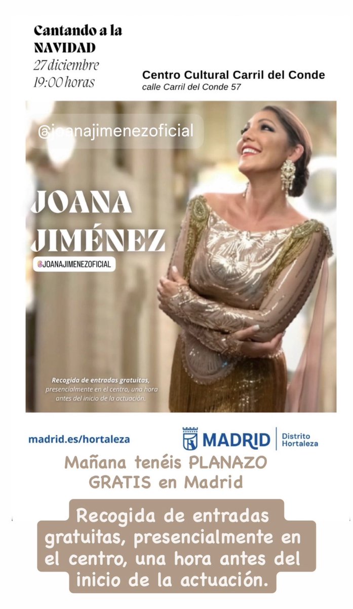 Esta tarde en Madrid, <a href="/JoanaJimenez_/">Joana Jiménez</a> “Cantando la navidad”.

Recogida de entradas gratuitas, presencialmente en el centro, una hora antes del inicio de la actuación.

Esto es una belleza de espectáculo que no os podéis perder. Y además, GRATIS