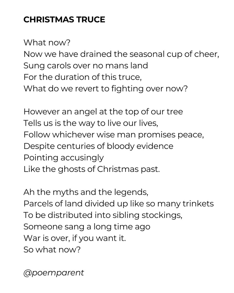 Started out as a poem about family dynamics over Xmas but the news of yet more conflict on "religious grounds" around the world forced a bit of a pivot.

#christmastruce #christmaspoem #war #religion #johnlennon #blindfaith #poem #dailypoem #poemday #dailypost #poetry