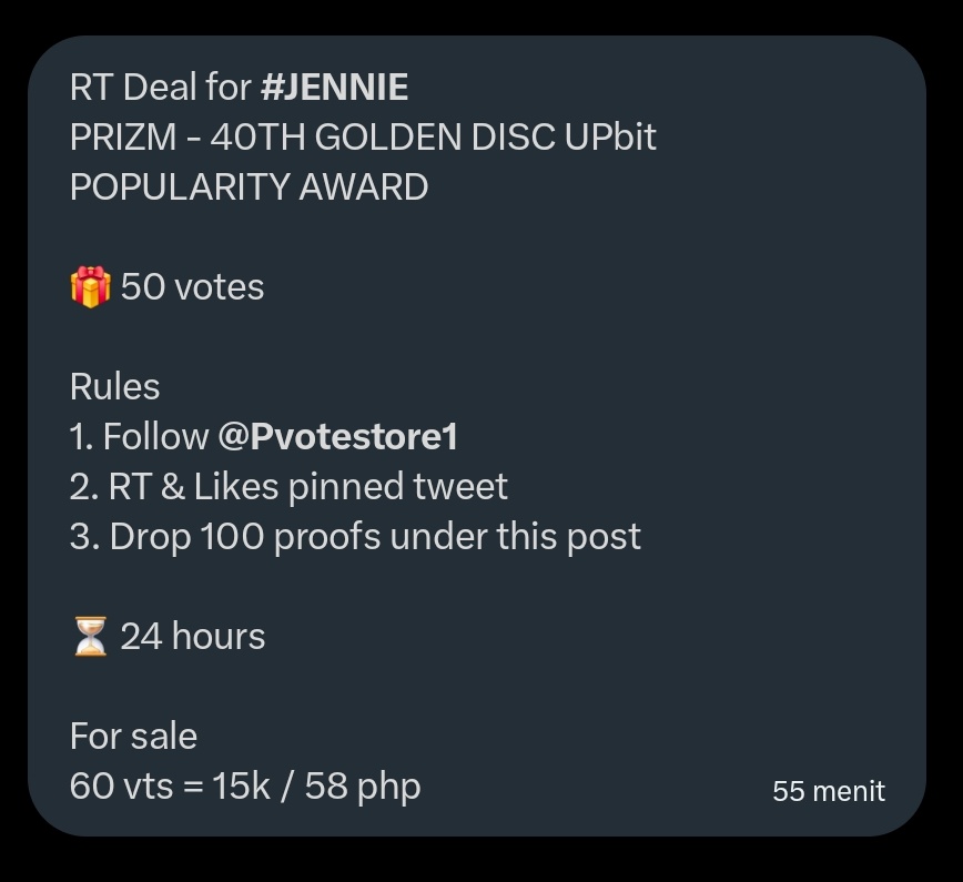 JennieFundsID's tweet photo. RT DEAL FOR #JENNIE
PRIZM - 40TH GOLDEN DISC UPbit POPULARITY AWARD

🏅 50 votes

Rules: 
○ Follow @Pvotestore1 
○ RT &amp; Like @Pvotestore1 pinned tweet
○ Drop 100 proofs under this post

⏰️ 24 hours https://t.co/0JbRY0rght