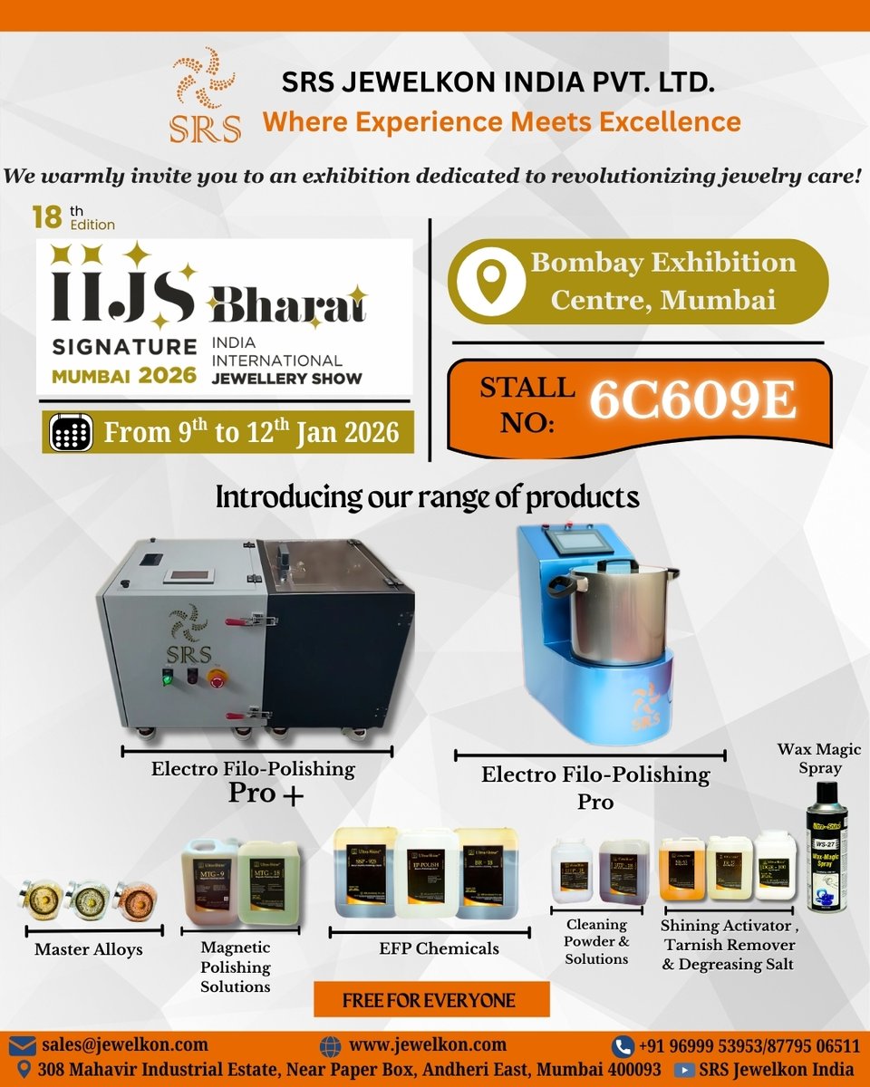 SRS_Jewelkon's tweet image. Mumbai, we're ready!
Join us at IIJS BHARAT 2026!! ✨6C609E✨
#exhibition #mumbai #bombayexhibitioncentre #jewelrypolishing #Trending