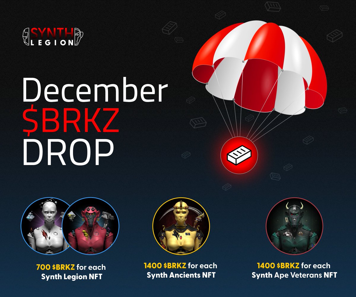 📢 Legion, our December $BRKZ 🧱 Airdrop will take place on Sunday, December 28th at a random time ⚡️

Only non-listed NFTs will be taken into account!

Make sure to delist your Legion, Ancients and Veterans NFTs to maximize your 🧱 drop amount!
