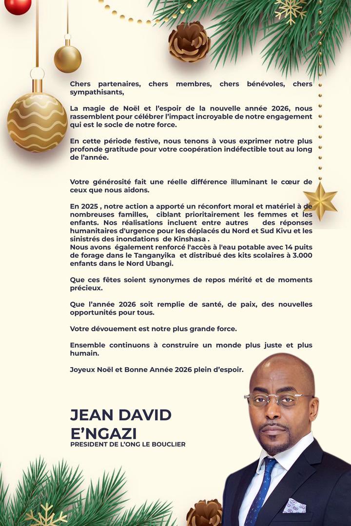 Message de vœux du Président de l’ONG Le Bouclier, Monsieur Jean-David E’NGAZI.
