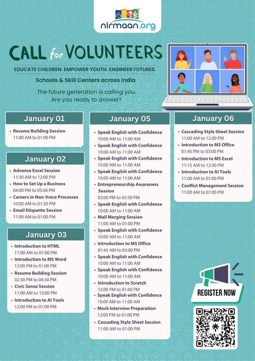 Nirmaan_Org's tweet image. Call for Volunteers! 

We are inviting passionate professionals to share their skills through impactful sessions.

Step forward to guide, mentor, and empower students to reach their full potential.

Check out the session details to enroll now!

#CallForVolunteers #MentorStudents