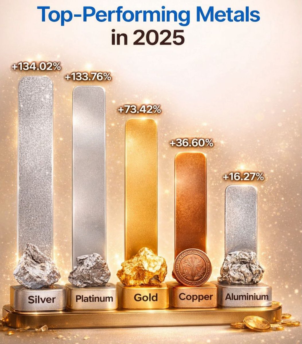 AnayaaForger's tweet photo. Top Performing Metals this year 2025 

#Commodities #metals #Silver #GOLD  #Platinum #Copper #aluminium #XAUUSD #XAGUSD #forex #NewYear2026 #FinanceDaily #investing #Ashes https://t.co/mCzml4eHkl