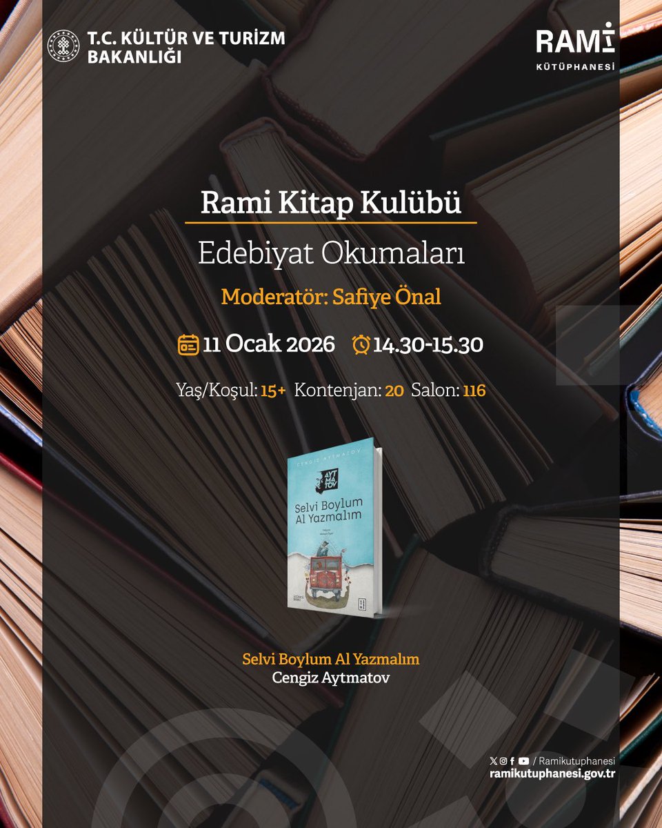 Rami Kitap Kulübü, yepyeni bir okuma programıyla seni bekliyor! 📚💫

Ocak ayı seçkisinde, teknolojiden tarihe, edebiyattan bibliyoterapiye uzanan geniş bir düşünce ve anlatı dünyasını keşfedeceksin. ✨

Sen de bu okuma yolculuğunun parçası olmak istiyorsan, aşağıdaki Etkinlikler