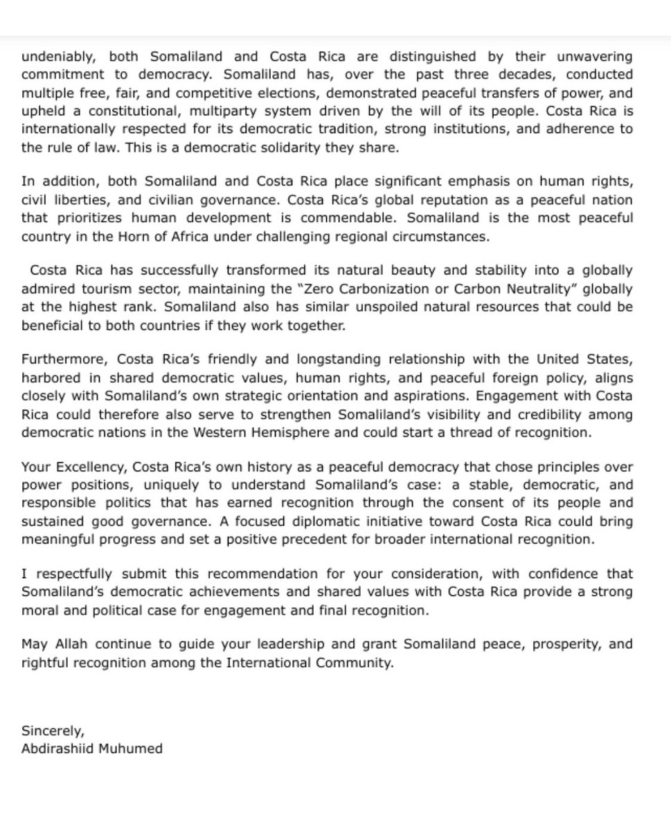 AbdirashiidHass's tweet photo. I highly recommend the president of the Republic of Somaliland @Abdirahmanirro to consider my letter, which encourages to establish ties with the Republic of Costa Rica! https://t.co/zpaj7ds6jj