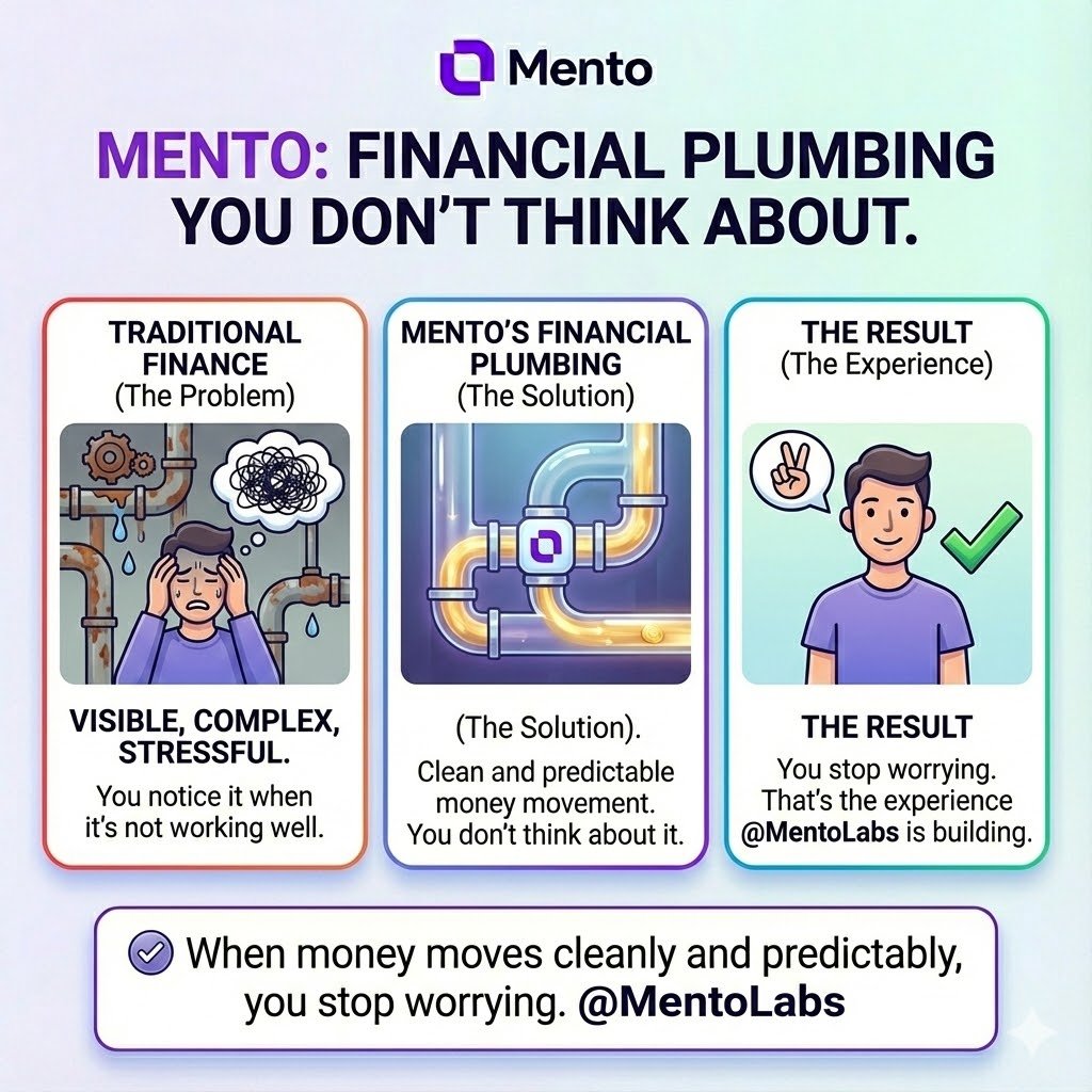 HaroldM091's tweet photo. I see Mento as   financial plumbing. You don’t think about it until it works well. When money   moves cleanly and predictably, you stop worrying. That’s the experience   @MentoLabs is building https://t.co/fMr2uPlsMi