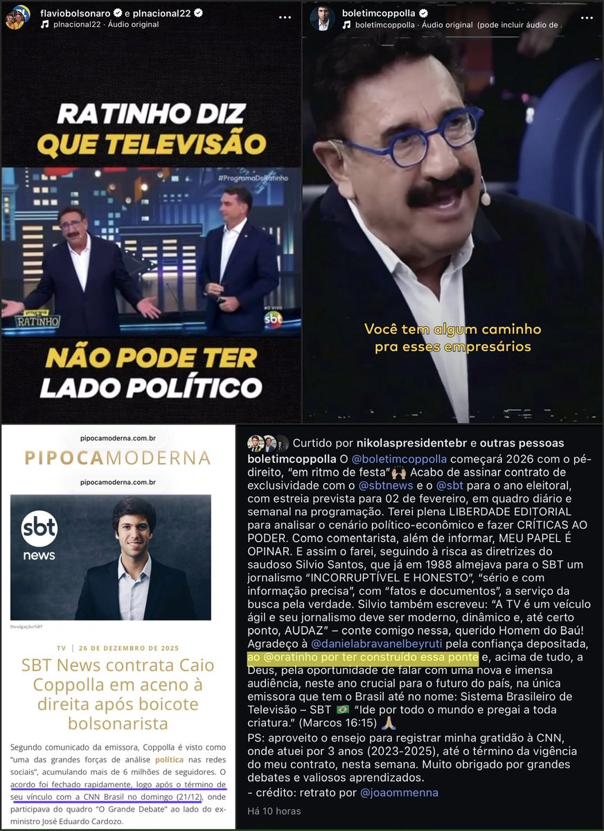 Fa1ryNight's tweet image. O SBT:
- Ofereceu palanque político para lula e o “imperador.”
- Recebeu repúdio dos bolsonaristas/direita.
- Perdeu audiência.
- Acionou Ratinho pai (entrevista com Flávio).
- Não deu certo.
- Audiência continuou a cair.
- Copolla publica vídeo sobre o “tesouraço” de Flávio.
-…
