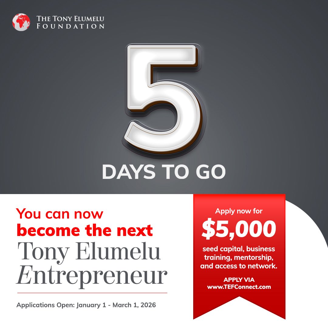 TonyElumeluFDN's tweet image. The countdown is ON! ⏳🥁

This is your chance to make your business idea a reality in 2026.

Gain access to US$5,000 in non-refundable seed capital, world-class business training, expert mentorship, and access to networks and market opportunities through the 2026 Tony Elumelu…