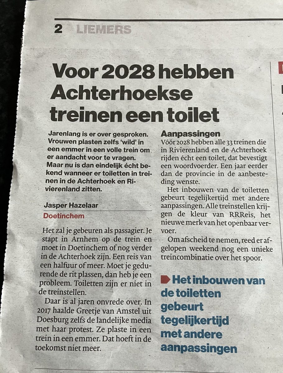 pleeback's tweet image. Vóór 2028 hebben ALLE 33 Achterhoekse treinen eindelijk een toilet! De nieuwe treinconcessie van ⁦@Arriva_NL⁩ is gestart, mét de verplichting toiletten in te bouwen. ⁦@Iederin⁩ ⁦@cvinclusie⁩ ⁦@PatientenNL⁩ #Toegankelijkheid #Inclusie #Toiletalliantie