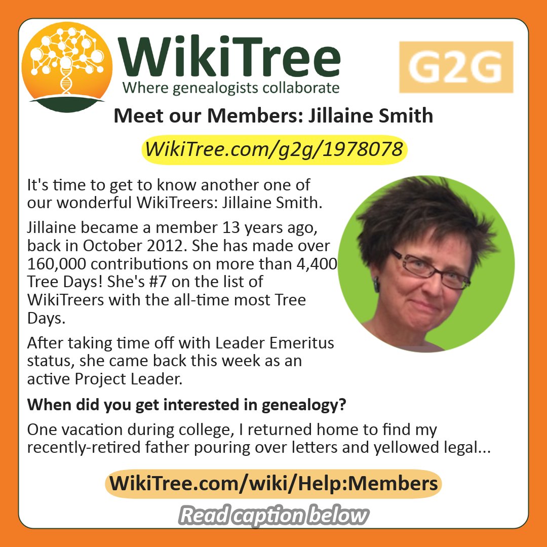 #WikiTreeMeetOurMembers: Jillaine Smith
We're celebrating Jillaine this week for her awesome contributions to our #CollaborativeGenealogy community. 👏
Read more about her WikiTree journey: wikitree.com/g2g/1978078
#WonderfulWikiTreers