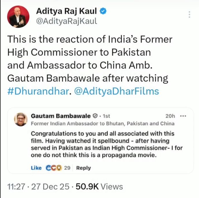 Rahullsingh1947's tweet photo. Former Indian High Commissioner to Pakistan praises Dhurandhar as a spellbinding, non-propaganda film drawing from his real experiences

Don't crying 😂  @dhruv_rathee https://t.co/4KwinvJOvE