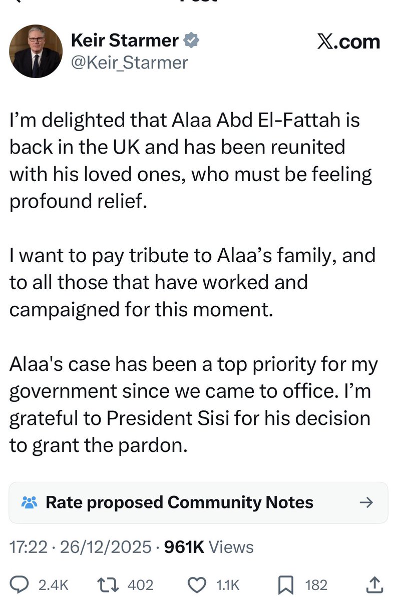 nicolelampert's tweet image. Last night the government, including the PM gleefully exclaimed how thrilled they were to have secured the release of an Egyptian most of us have never heard of. 
According to Keir Starmer securing the release of Alaa Abed El-Fattah has been a ‘top priority’ for this government.…