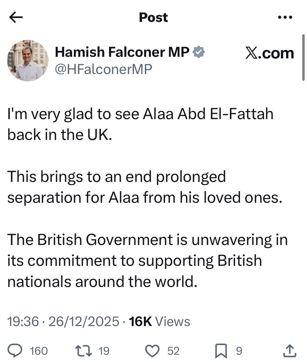 nicolelampert's tweet image. Last night the government, including the PM gleefully exclaimed how thrilled they were to have secured the release of an Egyptian most of us have never heard of. 
According to Keir Starmer securing the release of Alaa Abed El-Fattah has been a ‘top priority’ for this government.…