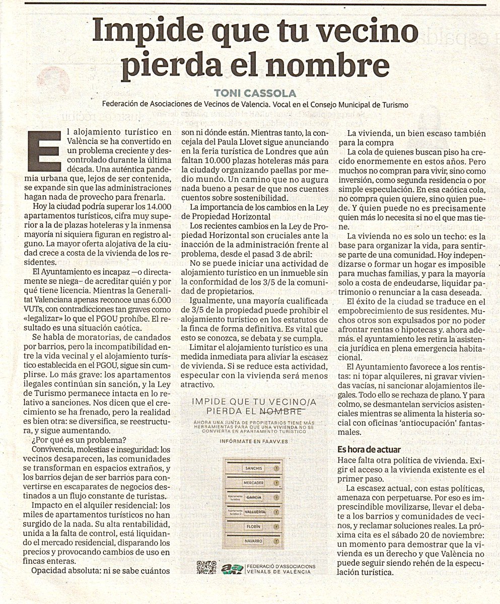 El alojamiento turístico en València se ha convertido en un problema creciente y descontrolado durante la última década. Una auténtica pandemia urbana que, lejos de ser contenida, se expande sin que las administraciones hagan nada de provecho para frenarla
lasprovincias.es/opinion/toni-c…