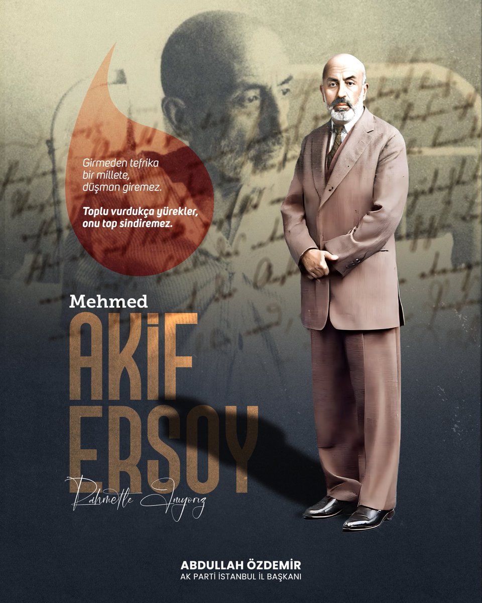 Şanlı ecdadımızın destansı hürriyet mücadelesini İstiklâl Marşı’nda ebedi kılan İstiklal Şairimiz Mehmet Âkif Ersoy’u vefatının yıl dönümünde saygı ve rahmetle anıyorum.