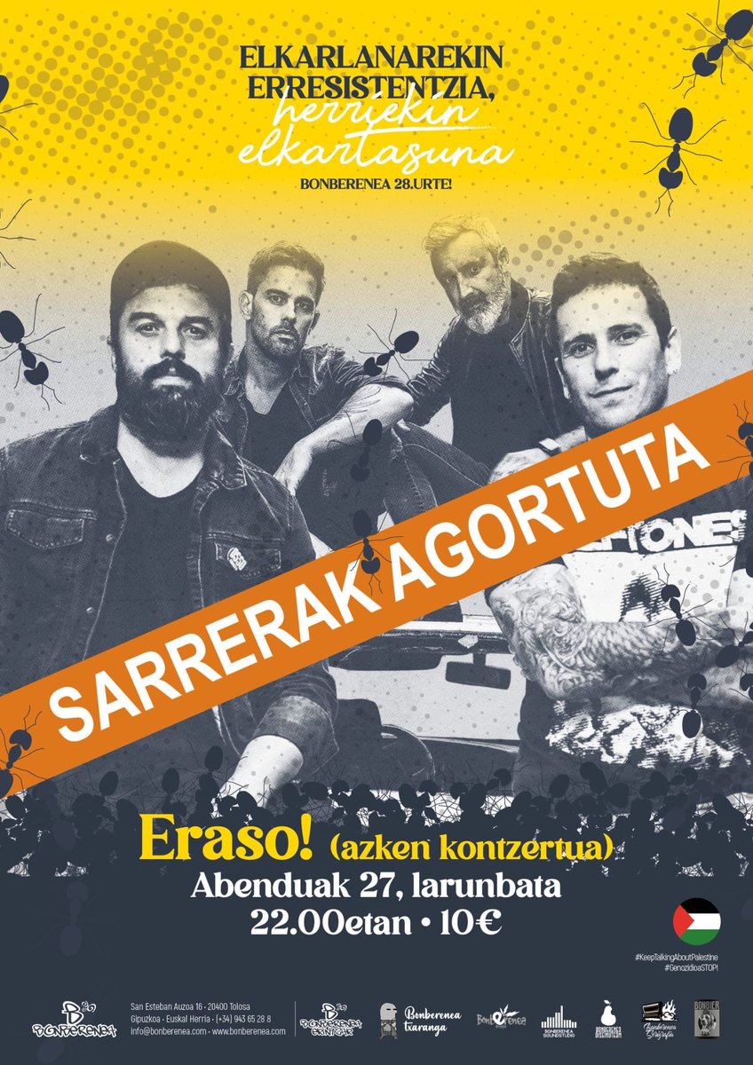 BONBERENEA-k aurkezten du:ERASO! zuzenean!!!!abenduak 27 larunbata 22.00etan!!!Sarrerak agortuta!!!adi egon!!!

bonberenea 28.urte!elkarlanarekin erresistentzia,herriekin elkartasuna

bonberenea.com