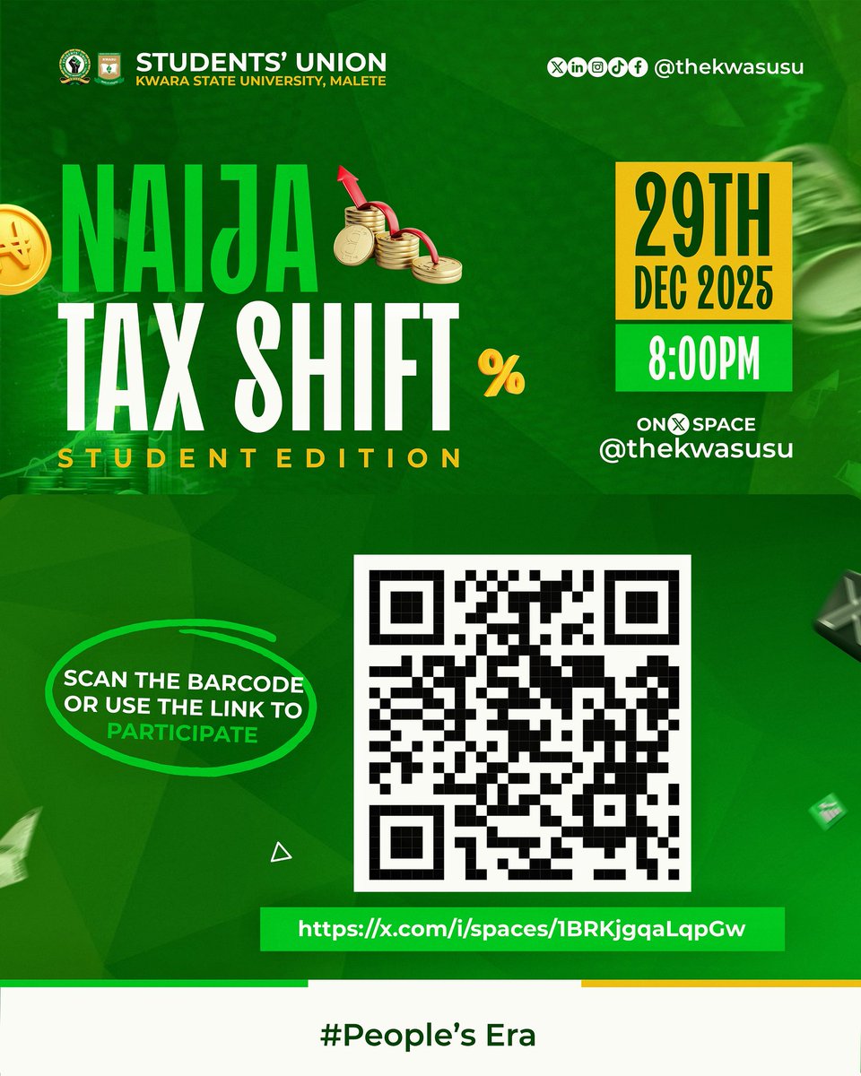 thekwasusu's tweet photo. Meet our speaker for #NaijaTaxShift: Student Edition.

Abubakr Sumayyah Oyinkansola (AAT, ACA), President of the Tax Club, KWASU, will join the discussion on Nigeria’s tax reforms and what they mean for students.

📅 December 29, 2025 | 🕗 8:00 PM
📍 X Space 

#PeoplesEra https://t.co/h7P3X9Wju9