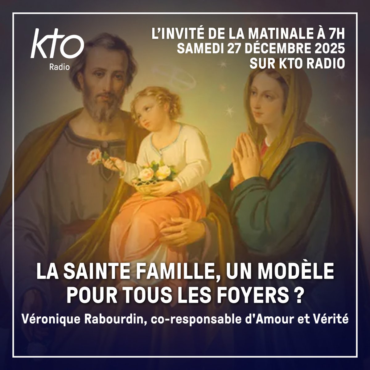 L'Église fête ce dimanche la Sainte Famille. Un modèle pour les foyers chrétiens qui peut sembler difficile à imiter.

👉Co-responsable de la mission Amour et Vérité (<a href="/CteEmmanuel/">Communauté de l'Emmanuel</a>), Véronique Rabourdin rappelle que la famille est un pilier de l'#espérance: ktoradio.com/podcasts/linvi…