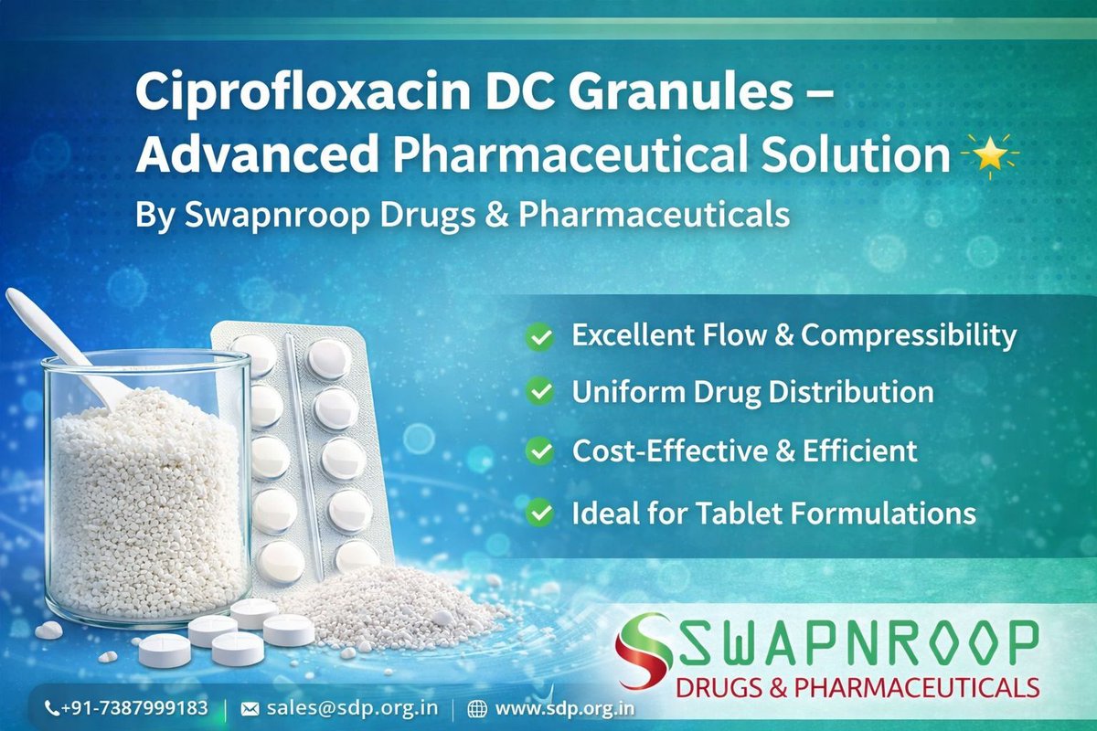 📢 Ciprofloxacin DC Granules – Advanced Pharmaceutical Solution 🌟
By Swapnroop Drugs &amp; Pharmaceuticals

🔥 Ciprofloxacin DC Granules are expertly developed for direct compression, offering:
✔️ Excellent flow &amp; compressibility
✔️ Uniform drug content distribution
✔️ Faster,